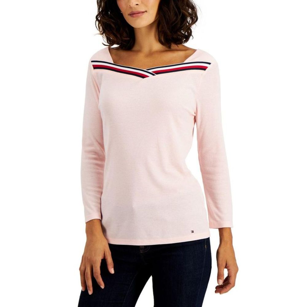 Tommy Hilfiger Womens Pink Knit Square Neck Tee Pullover Top Shirt NWT